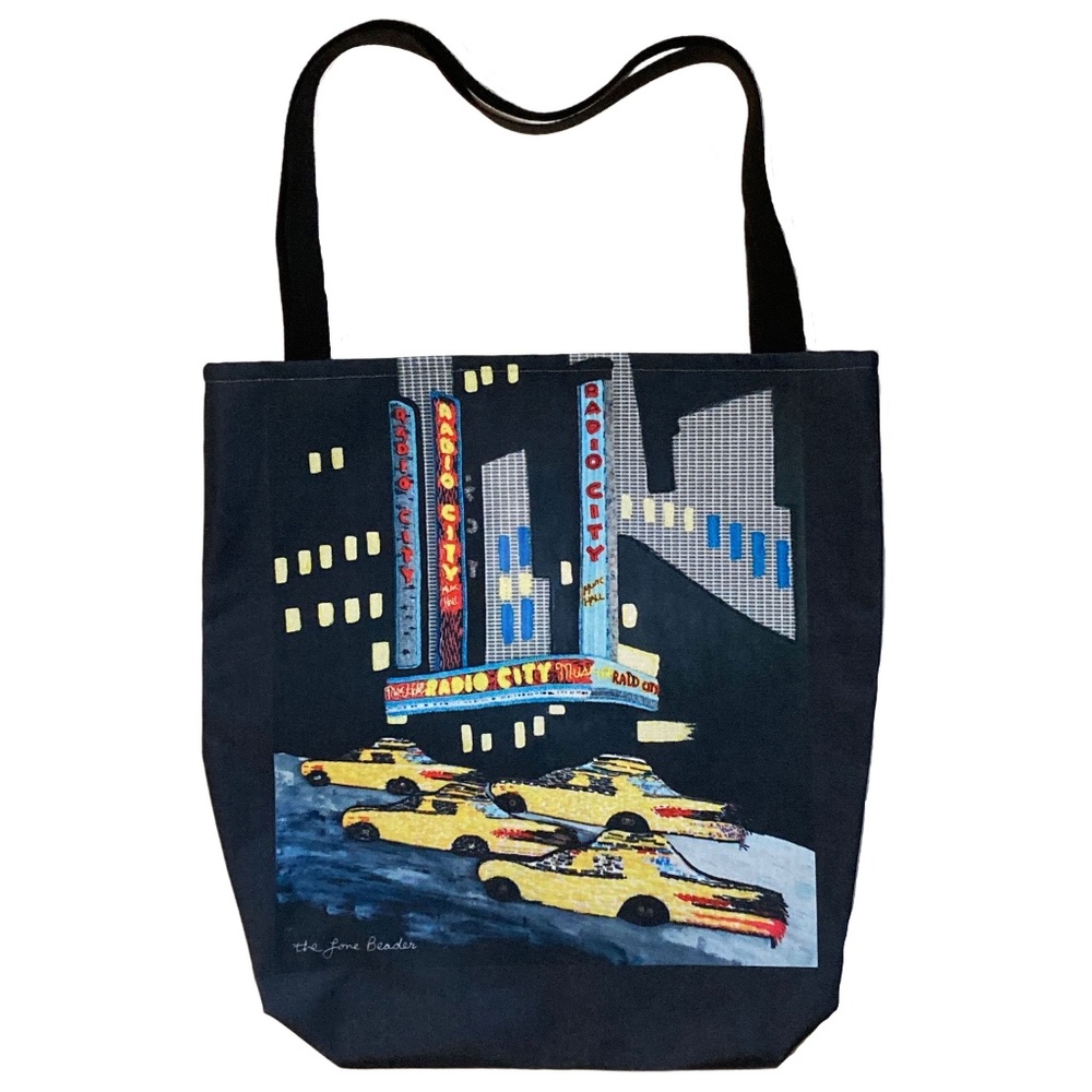 RADIO CITY- Large Black Reusable Shopping Artist Tote Bag- NyC New York City Art